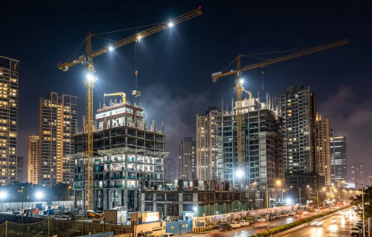 tower cranes operating on high rise construction project in India at night