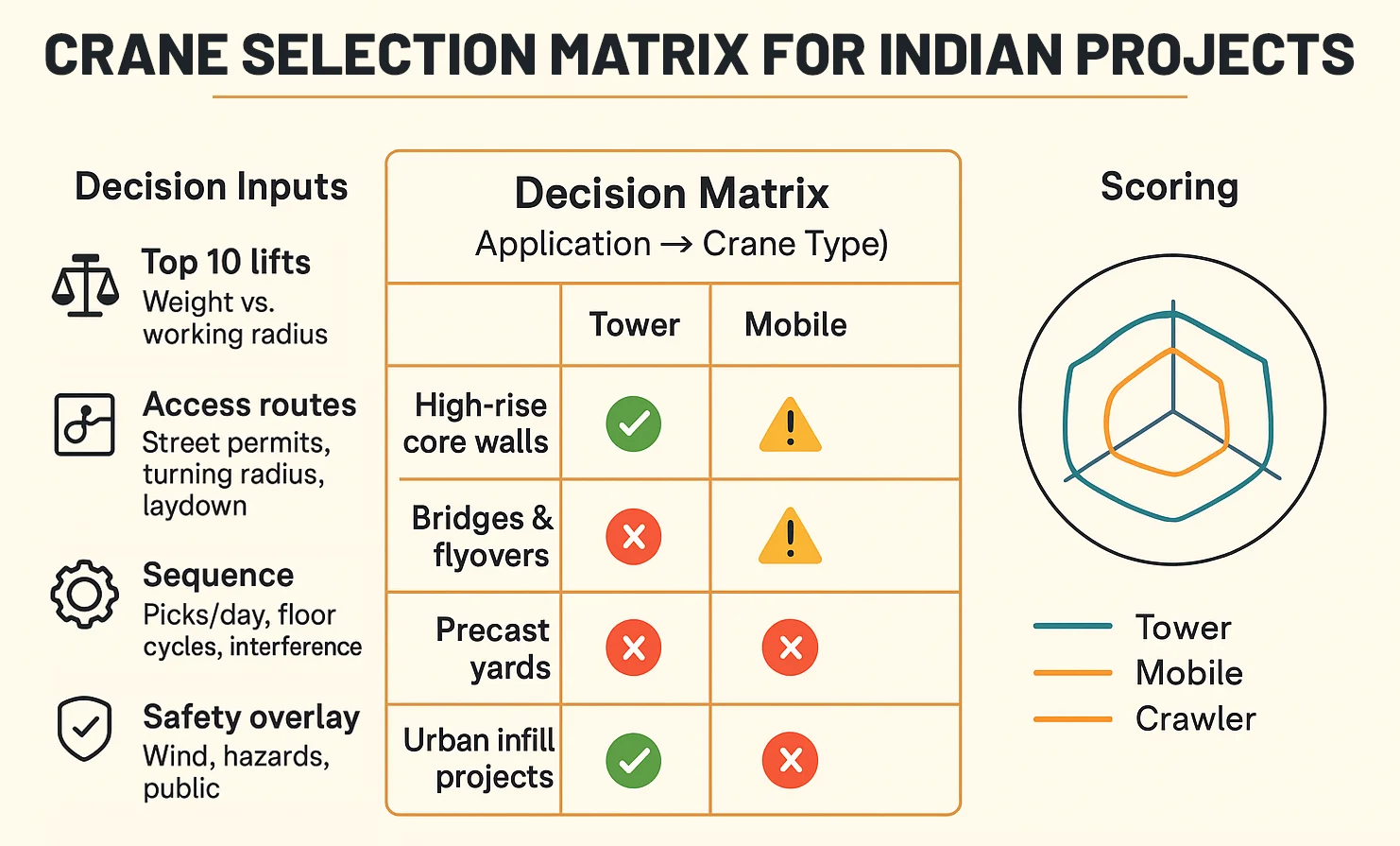 Chart mapping construction scenarios to the right crane type and capacity
