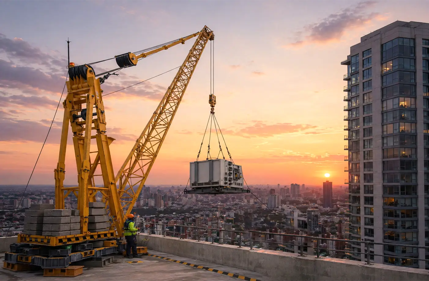 derrick crane operating on rooftop of high rise building in India
