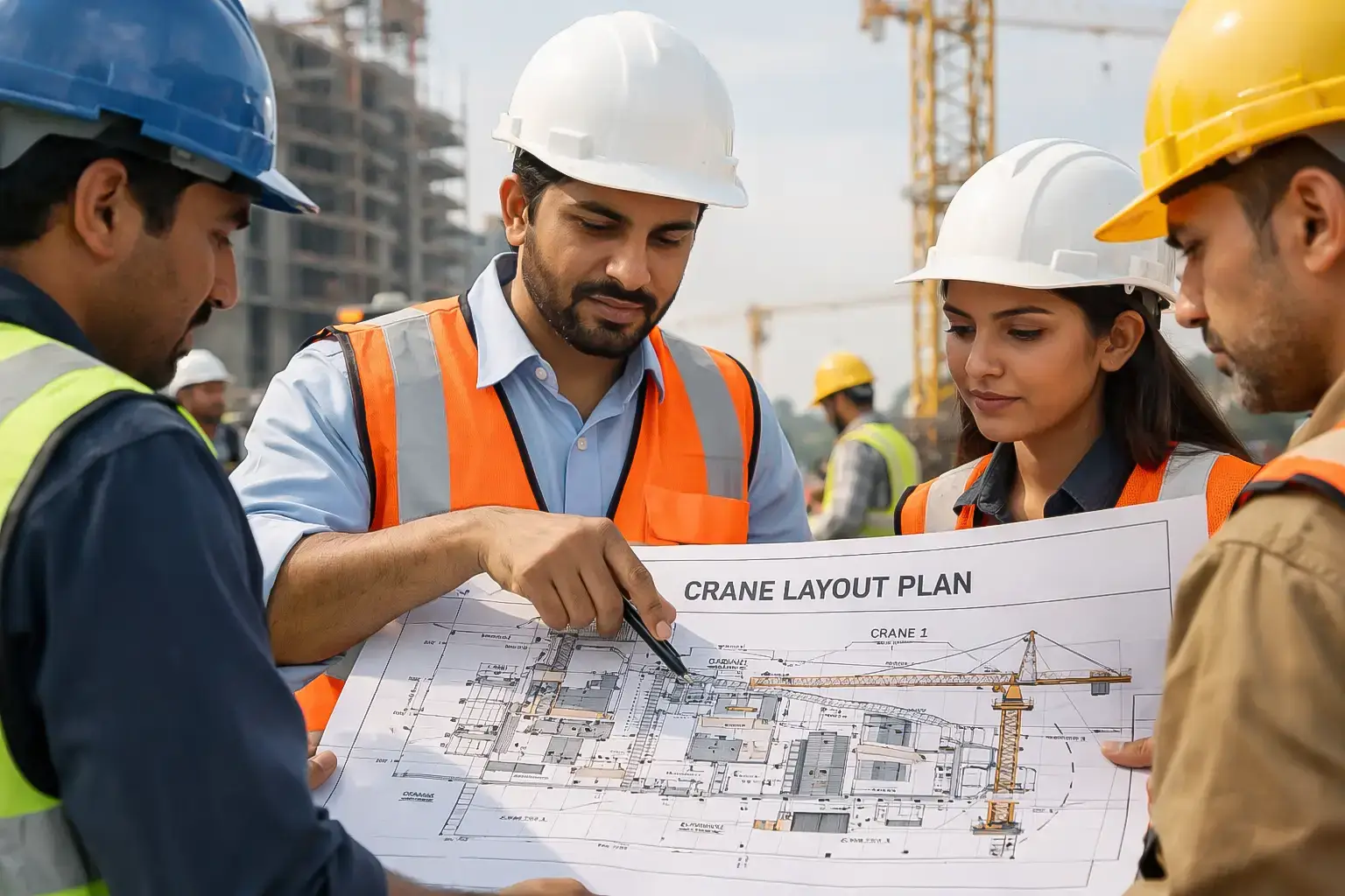  engineers planning tower crane placement on construction site