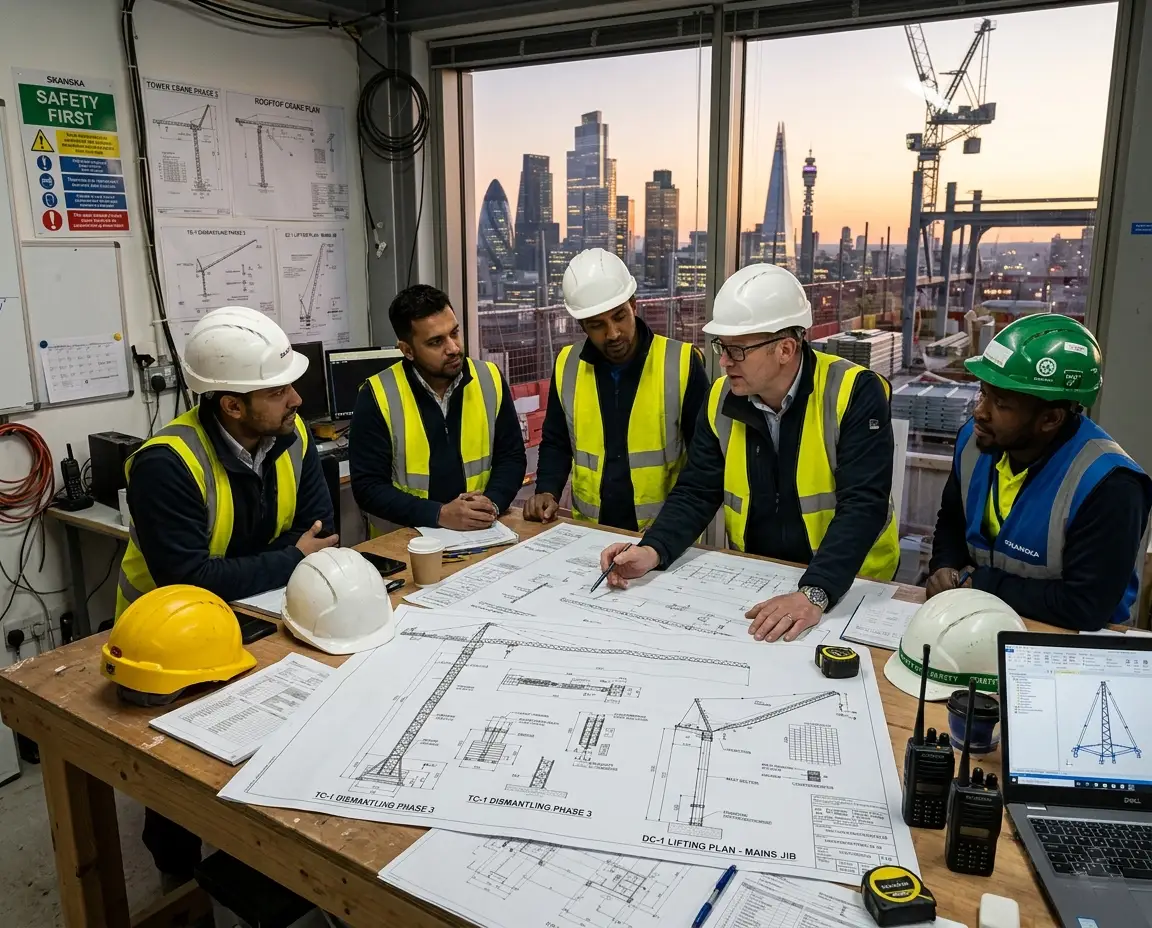 engineers planning derrick crane lifting strategy for high rise project
