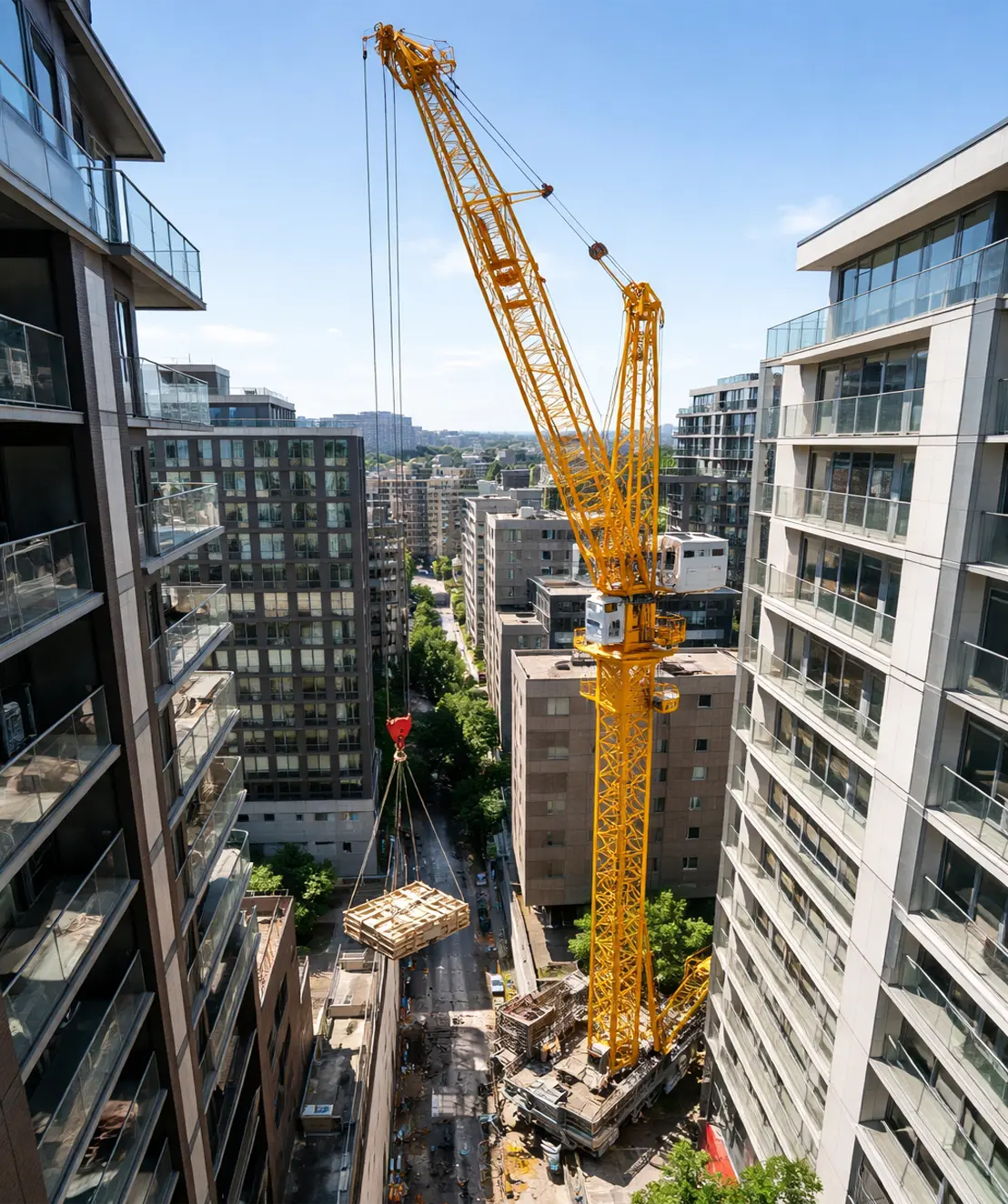 luffing tower crane working between buildings with restricted swing space