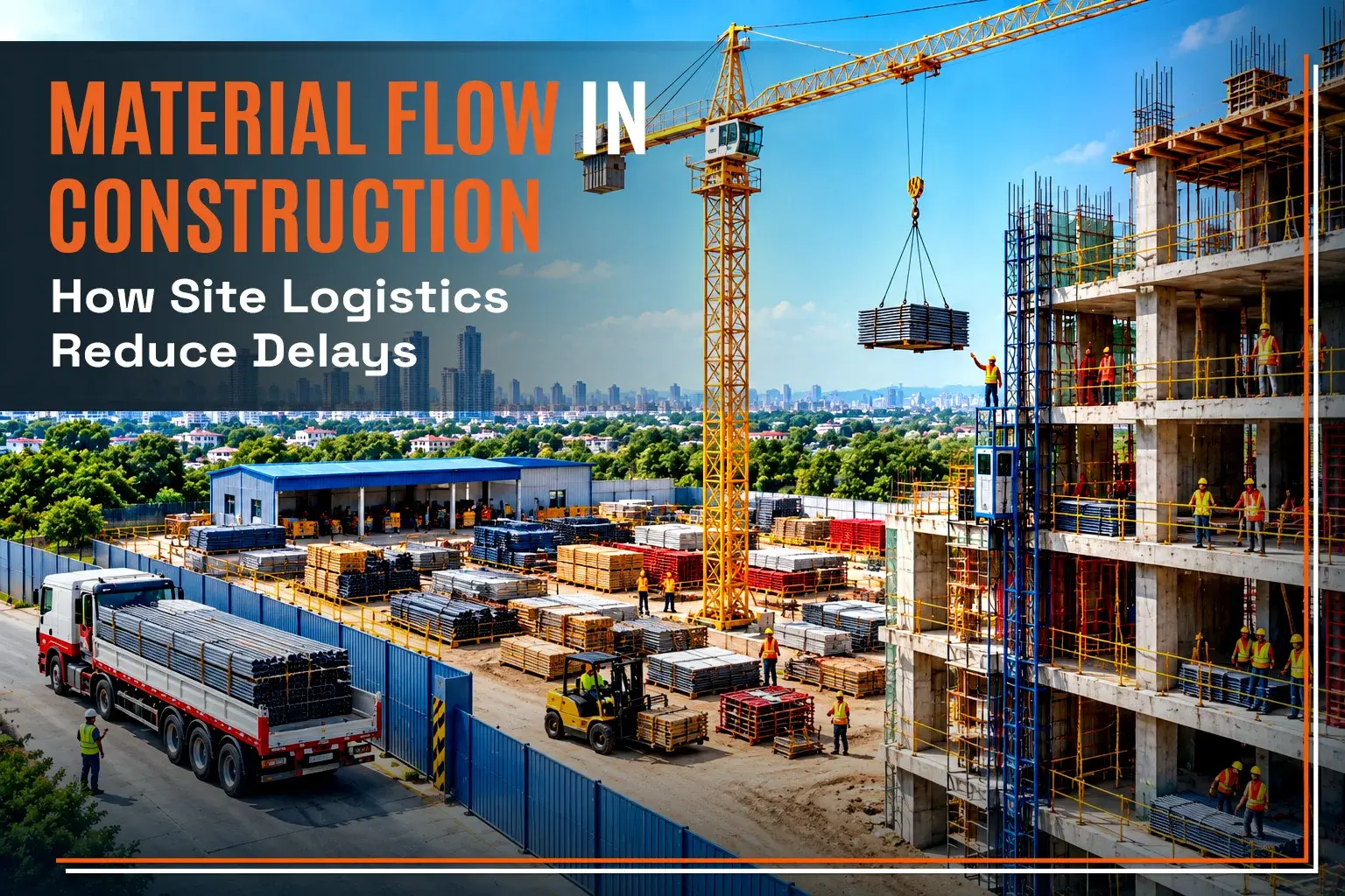 Tower crane lifting construction materials at a high-rise site with organized storage zones
