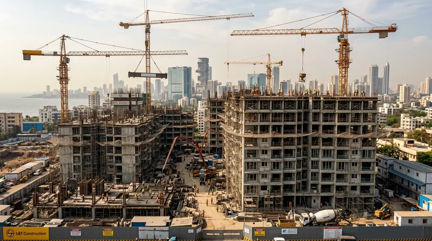 multiple tower cranes operating on high-rise construction project in urban city