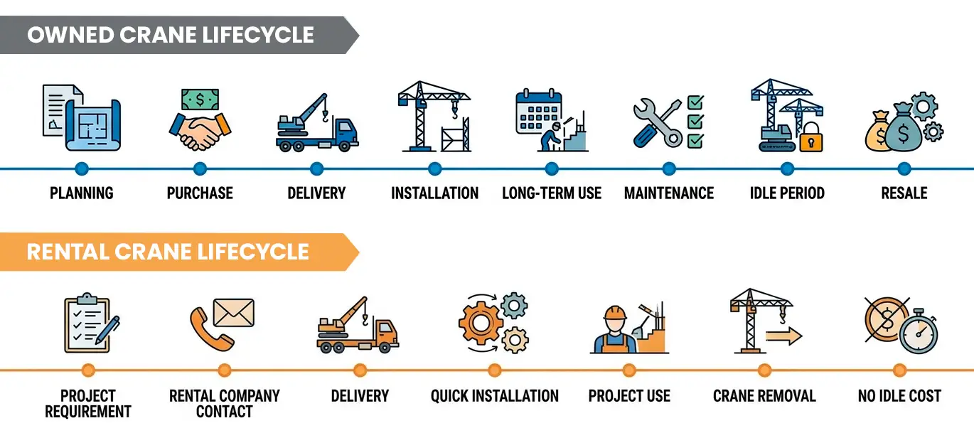 comparison between tower crane rental and purchase showing cost and usage timeline
