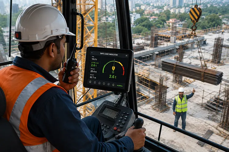 tower crane operator monitoring safe load indicator during lifting operations