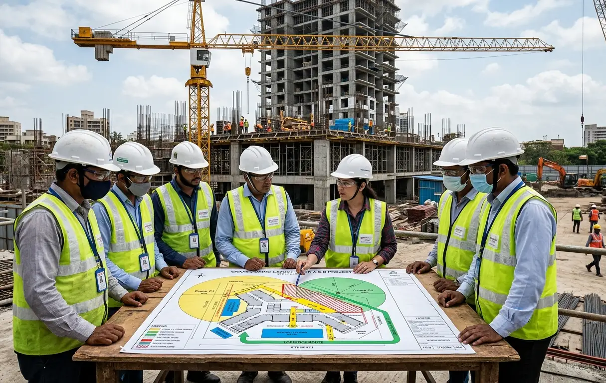 engineers reviewing tower crane safety planning and lift zones on site