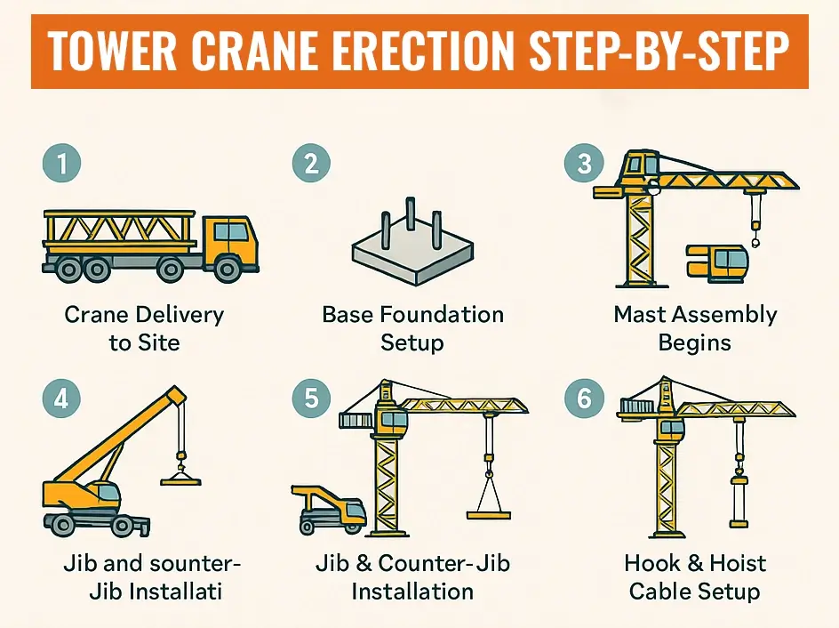 step-by-step erection and climbing process of tower cranes on site.
