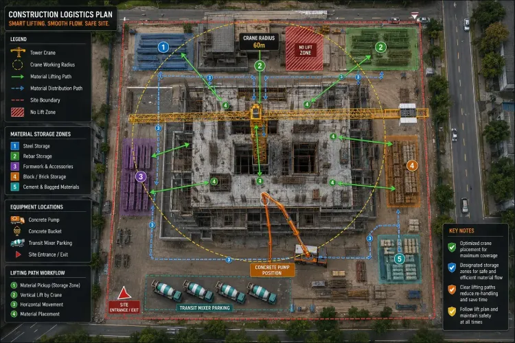tower crane working radius and material flow planning on construction site