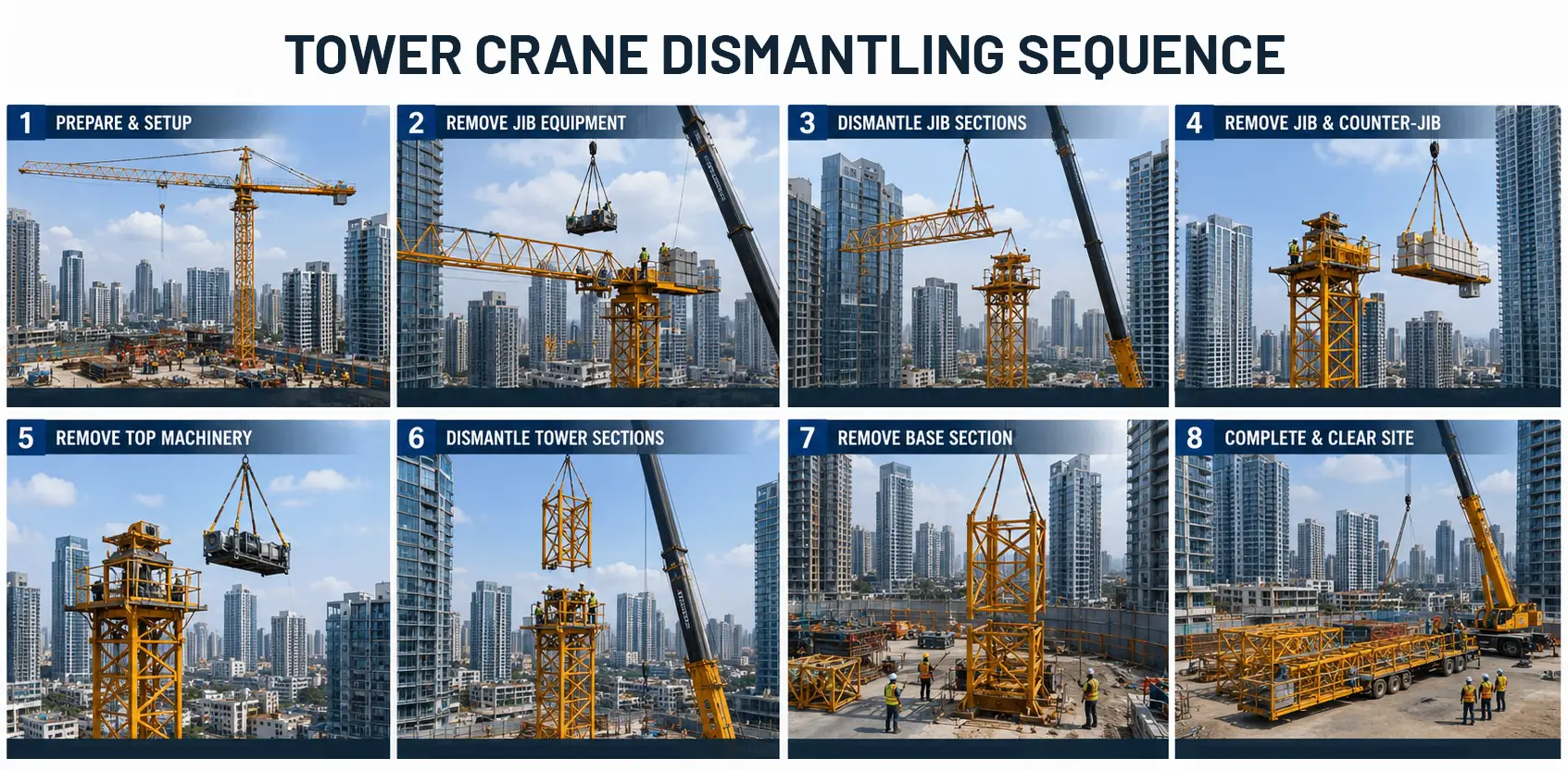 tower crane dismantling on congested high rise construction site