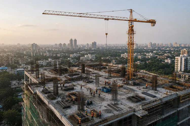tower crane standing idle while construction workers wait on a high-rise building project