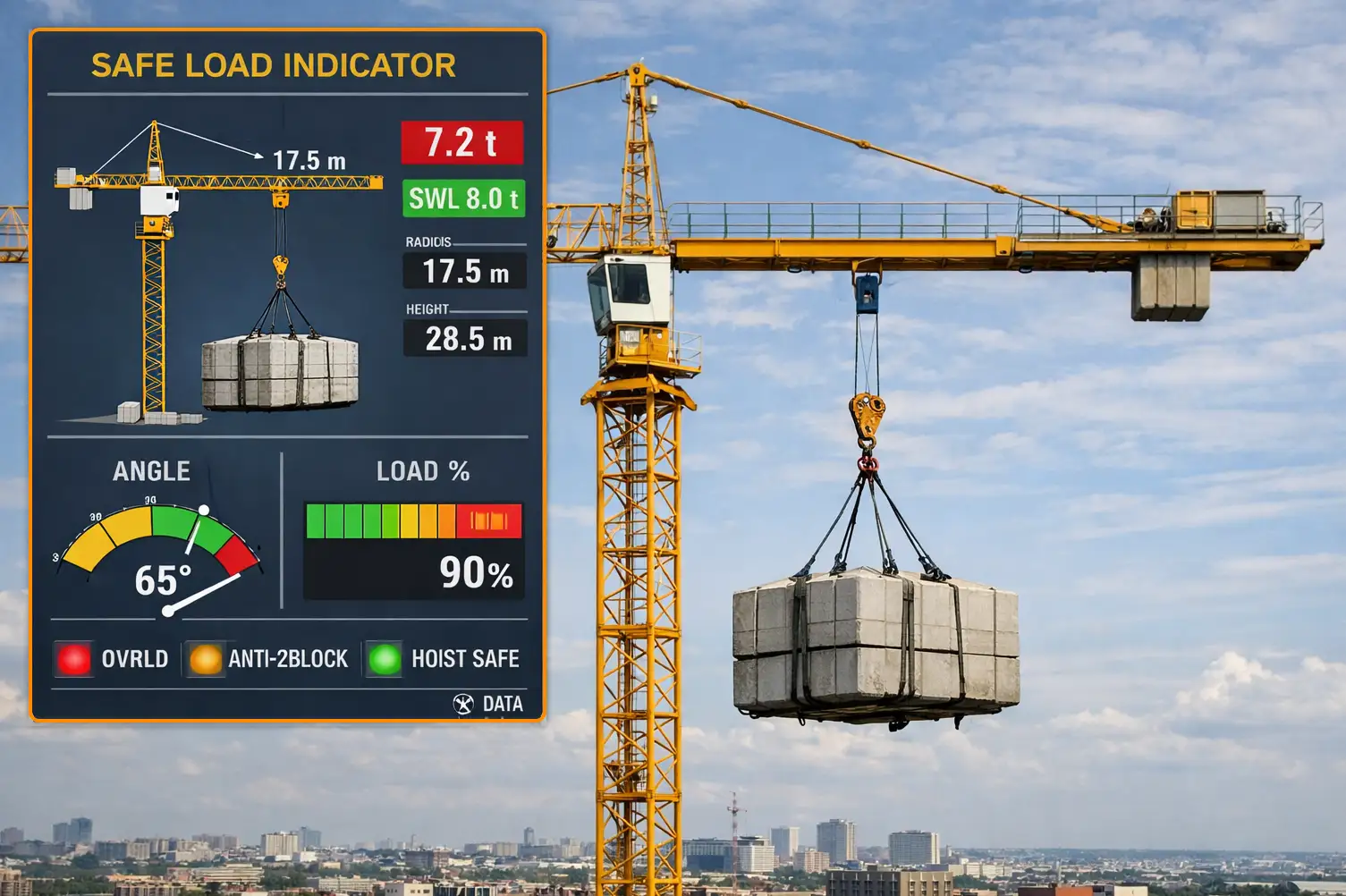 Safe load indicator monitoring crane overload limits on Indian construction site