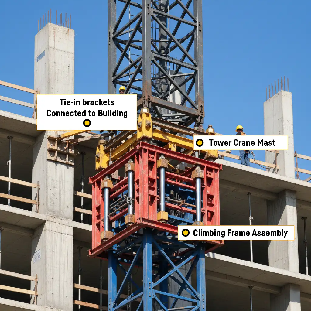 tower crane tie in system installed on high rise building